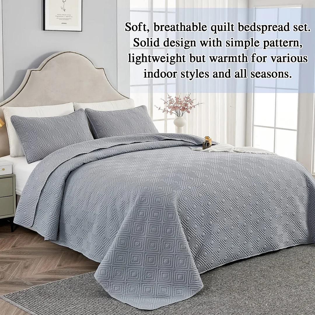 Qucover Queen Quilt Set, 3 Piece Soft Microfiber Light Grey Quilt，Lightweight Summer Quilt Set Queen Size, 3D Ultrasonic Geometric Pattern Bedspread with Pillow Shams, 90" x 96"