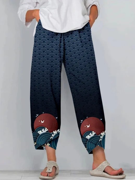 Comstylish Japanese Waves Art Pattern Cropped Casual Pants