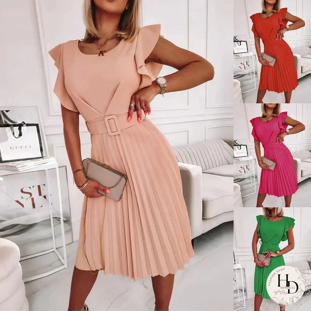 Summer Boho Dress Women's New Round Neck Waist Pleated Flounce Dress With Belt Vestidos De Mujer