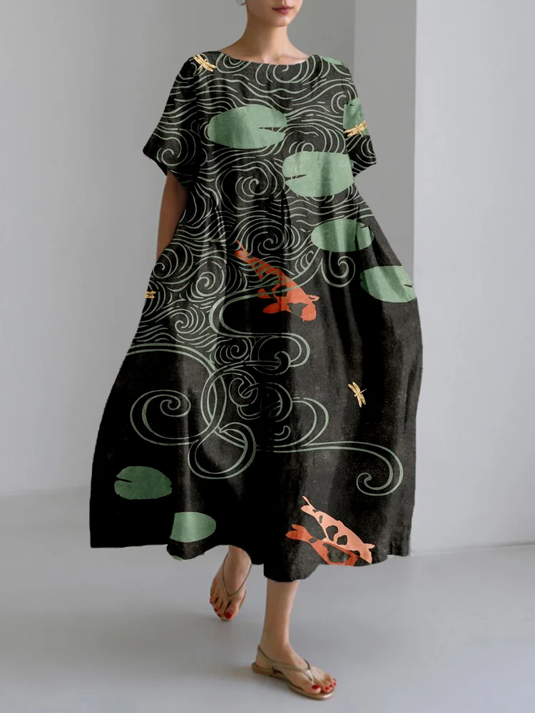 Comstylish Japanese Koi Pond Art Linen Blend Cozy Maxi Dress