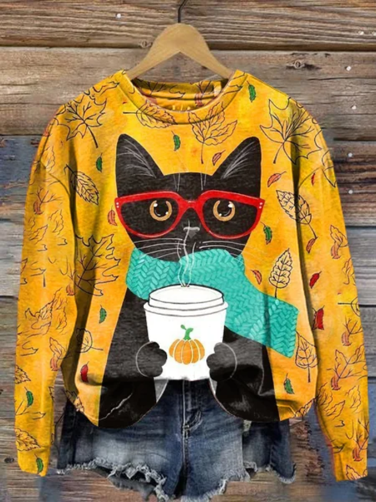 Women's Autumn Cat Drinking Coffee Round Neck Loose Long Sleeve T-Shirt Sweatshirt