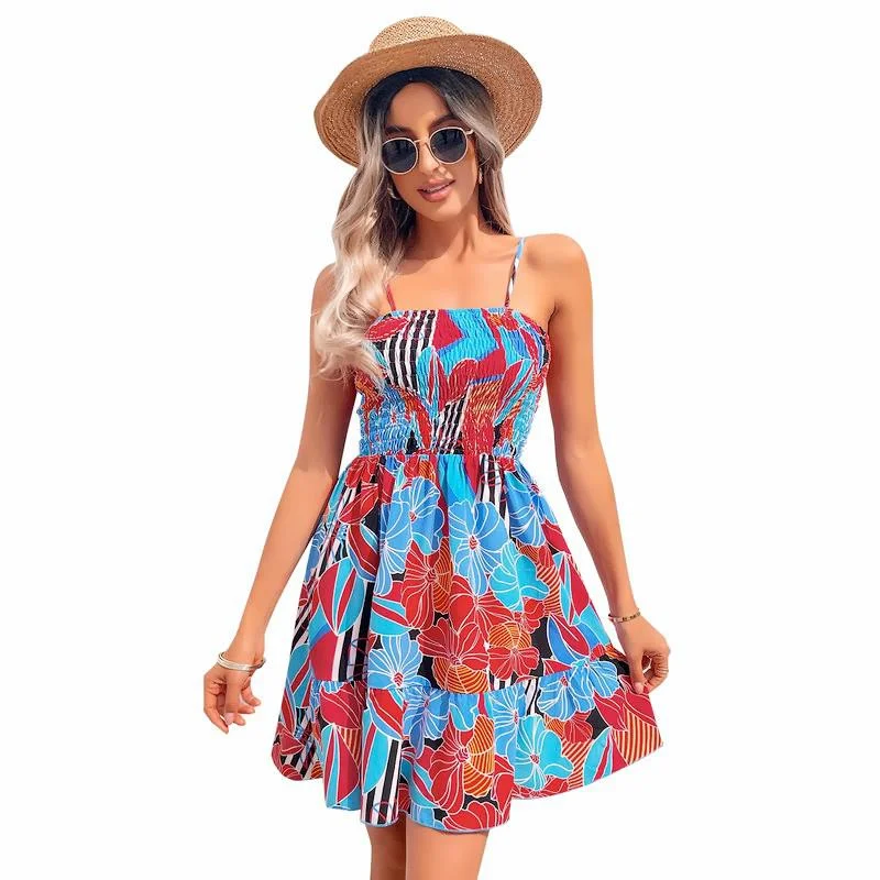 Jangj Floral Print Shirred Flared Hem Cami Dress Summer Sexy Sleeveless Chest Wrapping Mini Dress Women Clothes Robe Femme