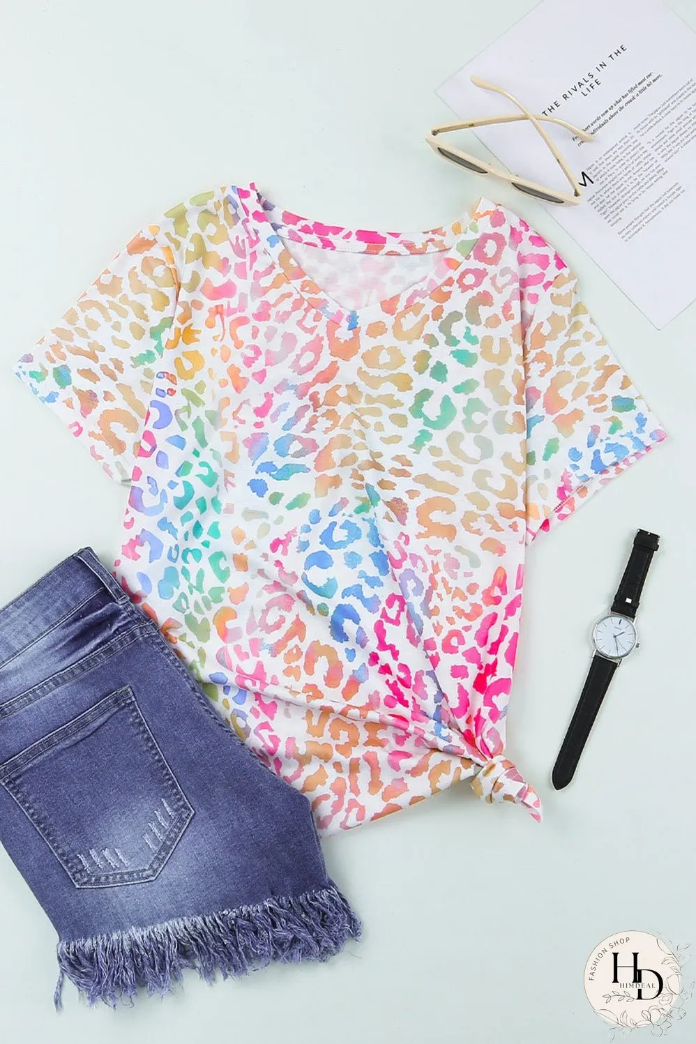 Colorful Leopard Print V Neck Tee for Stylish Summer Looks