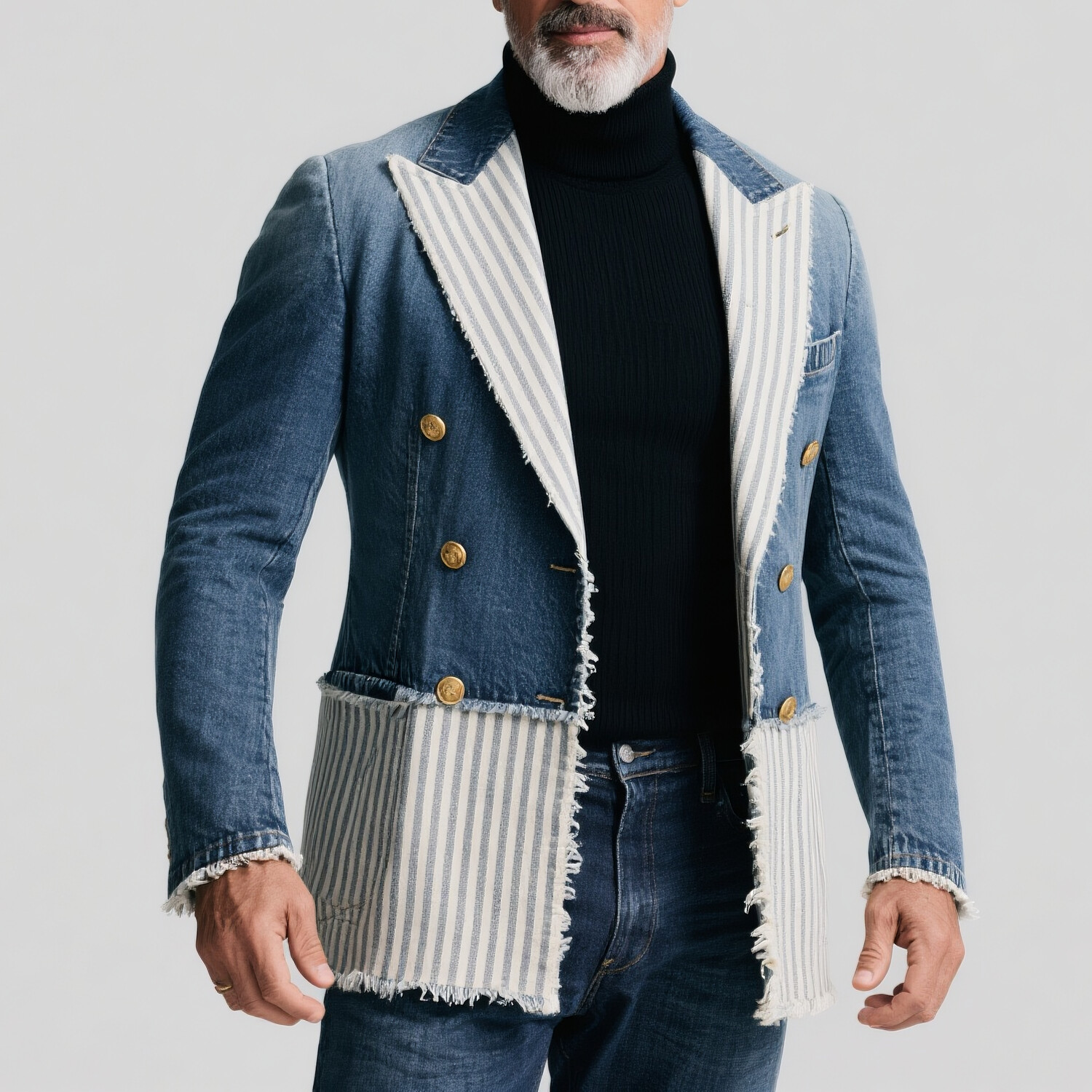 Men's Patchwork Striped Peak Lapel Double Breasted Raw Edge Denim Blazer