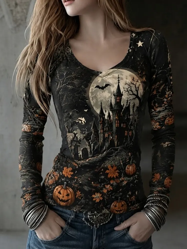 Women's Scoop Neck 3/4 Sleeve Halloween T-shirt With Haunted Castle, Full Moon, And Jack-o'-lantern Print