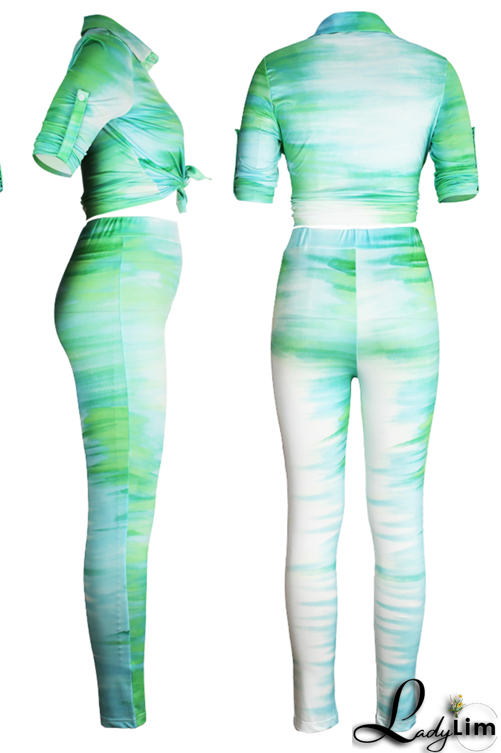 Yellow Sexy Patchwork Tie-dye Turndown Collar Long Sleeve Two Pieces