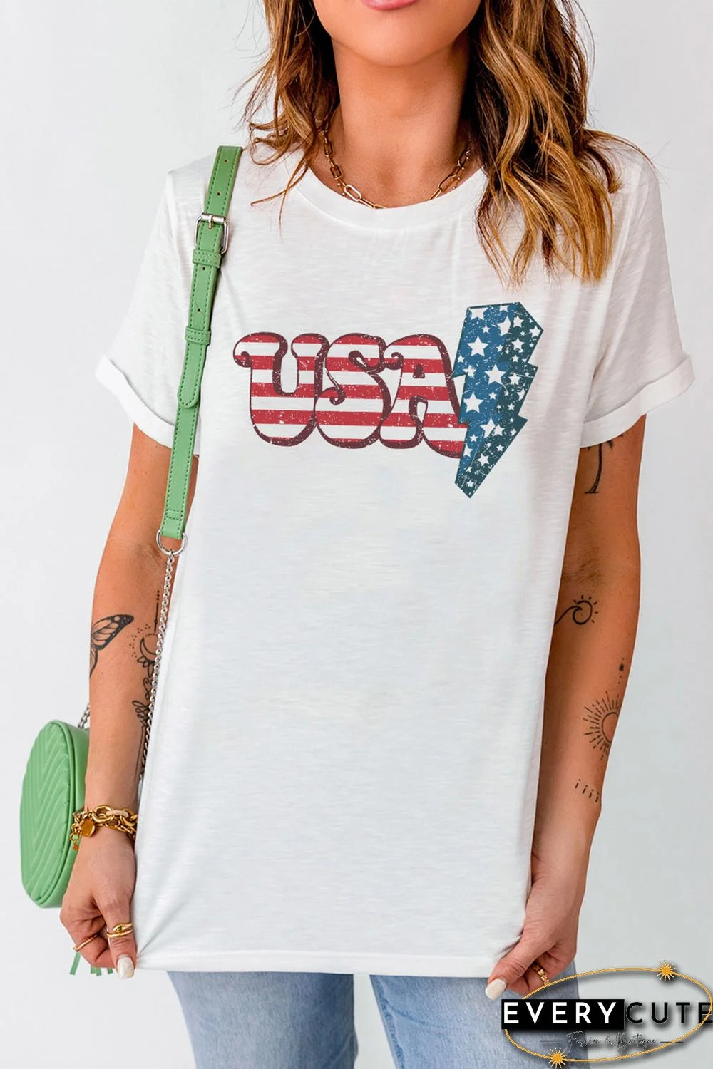 White USA Lightning Graphic Print Short Sleeve T Shirt