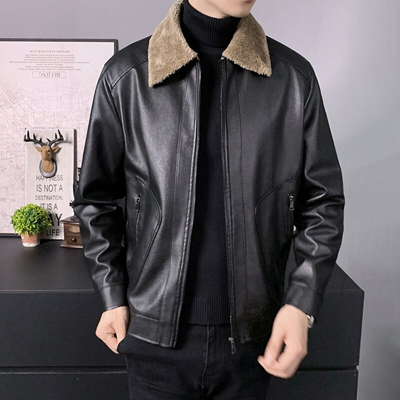 Men's Autumn And Winter Casual Slim Leather Jacket Plus Velvet Thick Warm Fur All-in-one Windproof Fashion Handsome Coat