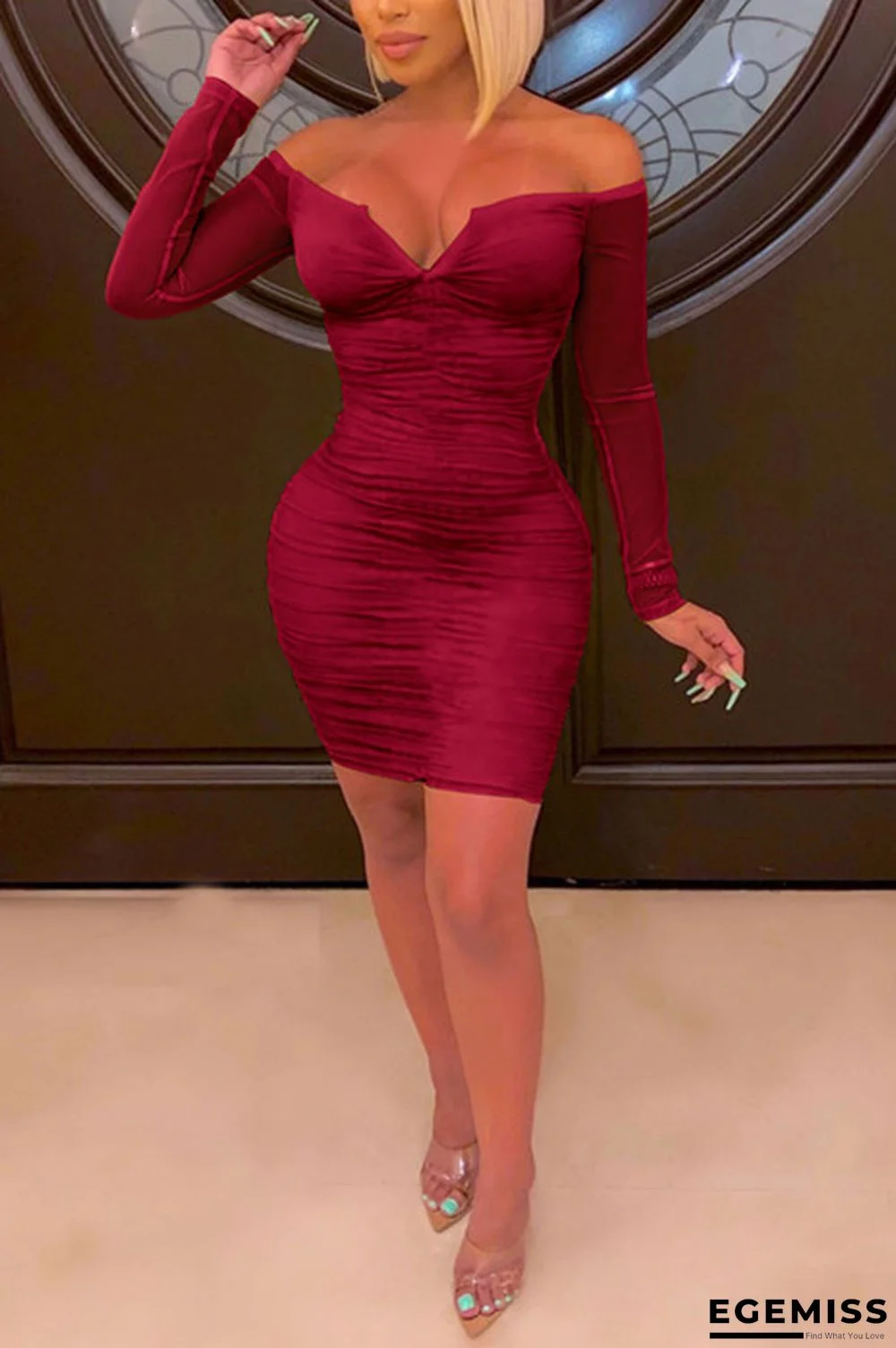 Wine Red Fashion Celebrities Sexy Off The Shoulder Long Sleeves One word collar Step Skirt Mini Mes | EGEMISS