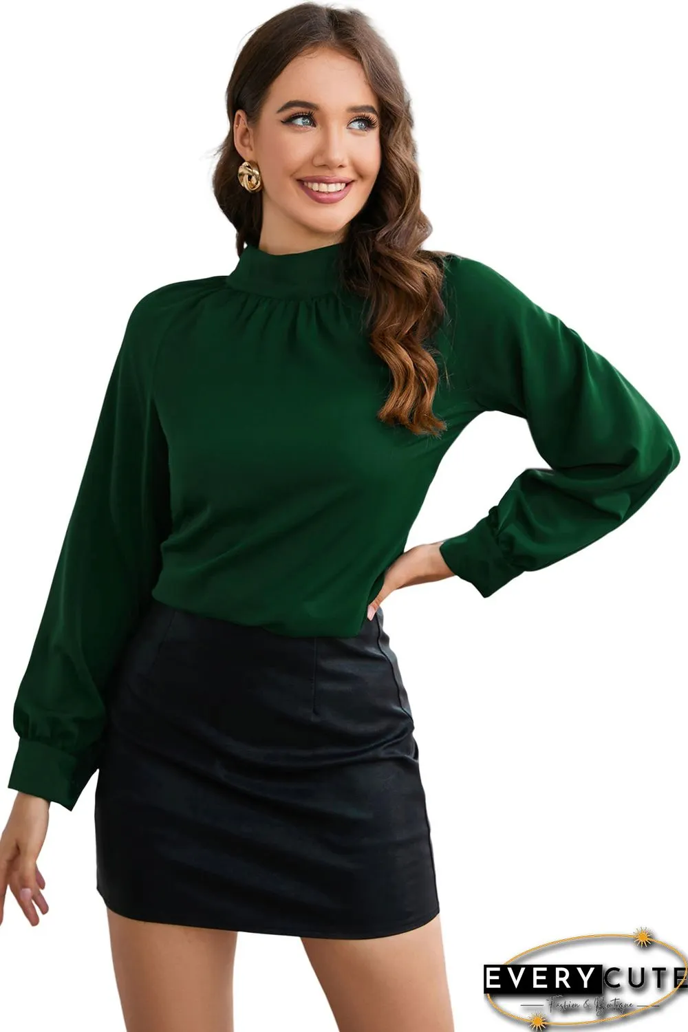 Green Cutout Back Ruched Mock Neck Blouse