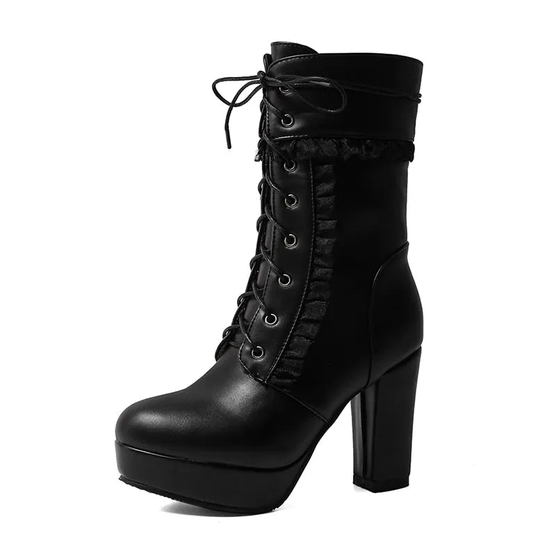 Gdgydh 2021 Autumn Winter Short Boots For Women High Hoof Heels Lace-up Ankle Strap Buckles Female Ankle Boots Fashion Ruffles
