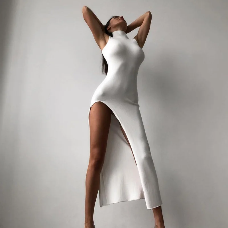 Solid Turtleneck Sleeveless Slit  Maxi Dress 2023 New Year Evening Party Wear Bodycon Elegant Fashion Streetwear