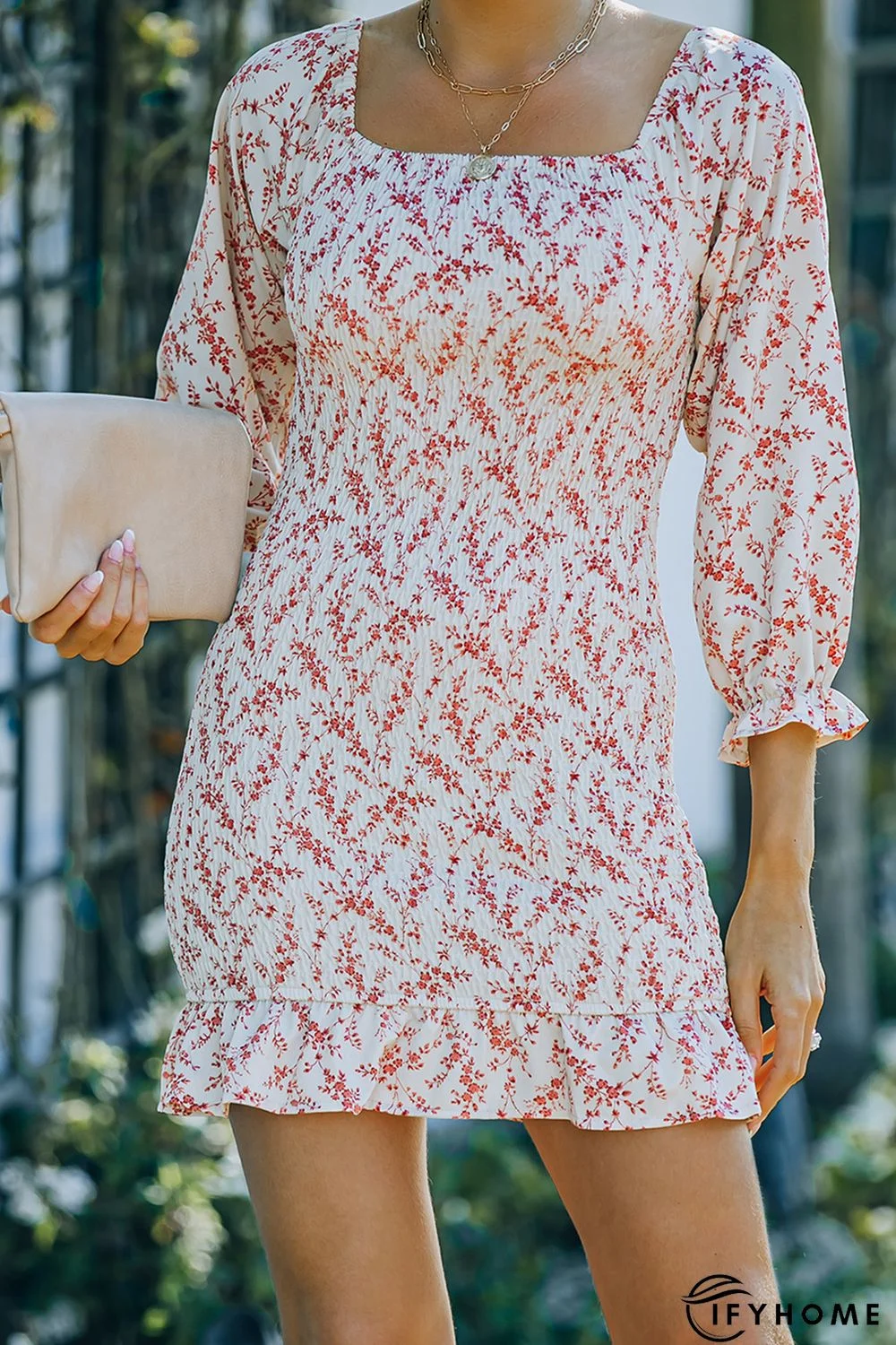 Red Square Neck Puff Sleeve Floral Dress | IFYHOME