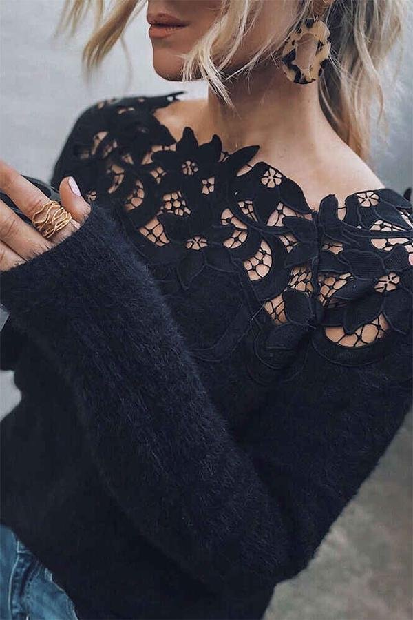 Womens Lace Stitching Long-sleeved Sweater-Allyzone-Allyzone