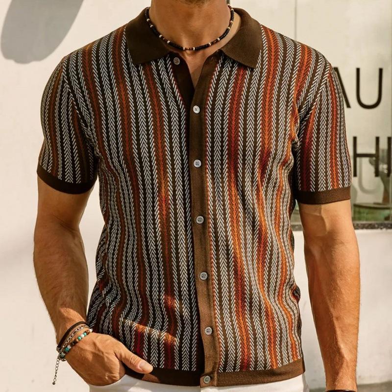 Men's High-end Striped Jacquard Short-sleeved Knitted Polo Shirt 29941888U