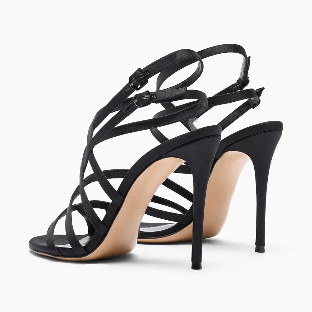 Women's Black Satin Round Toe Strappy Stiletto High Heels Sandals