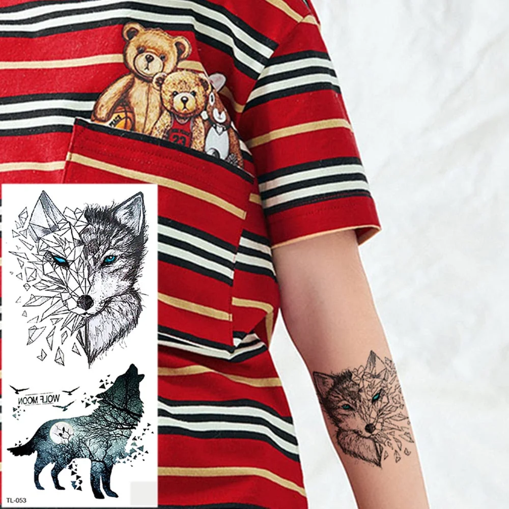 100Pcs Kids Temporary Tattoo Wholesales Animal Wolf Fox Panada Mermaid Cat Butterfly Flower Heart Sticker Body Arm Girls Toterm