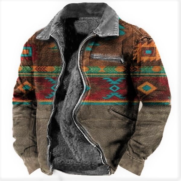 Men's Vintage Ethnic Tribal Print Plush Lined Jacket With Zip Pockets