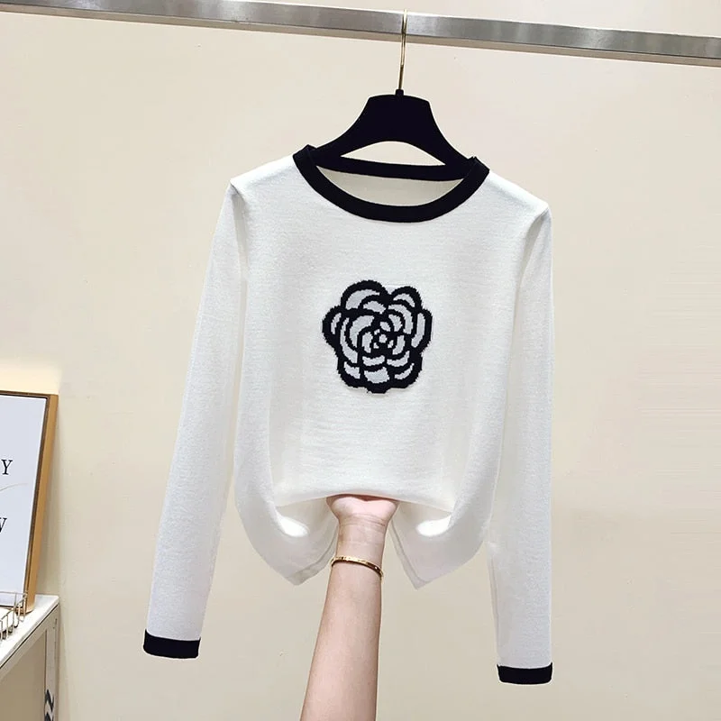 huibahe Jacquard Knitted Women Sweater Pullover 2023 Autumn Long Sleeve O-neck Tops Contrast Color Korean Elegant Ladies Jumpers