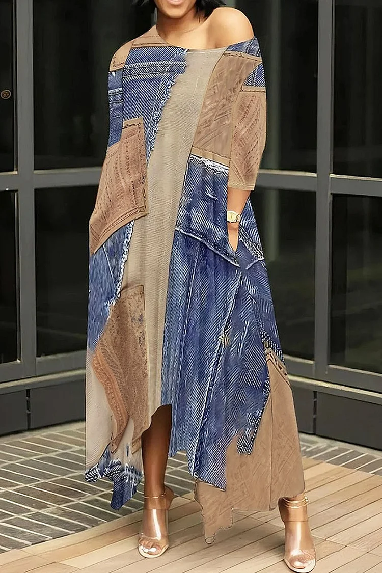 Plus Size Vacation Blue Casual All Over Print Oblique Collar 3/4 Sleeve Pocket Asymmetric Hem Maxi Dresses 2024 - Xpluswear