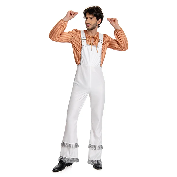 ABBA Bjorn Ulvaeus 70s Retro White Overalls Outfits Cosplay Costume Halloween Carnival Suit