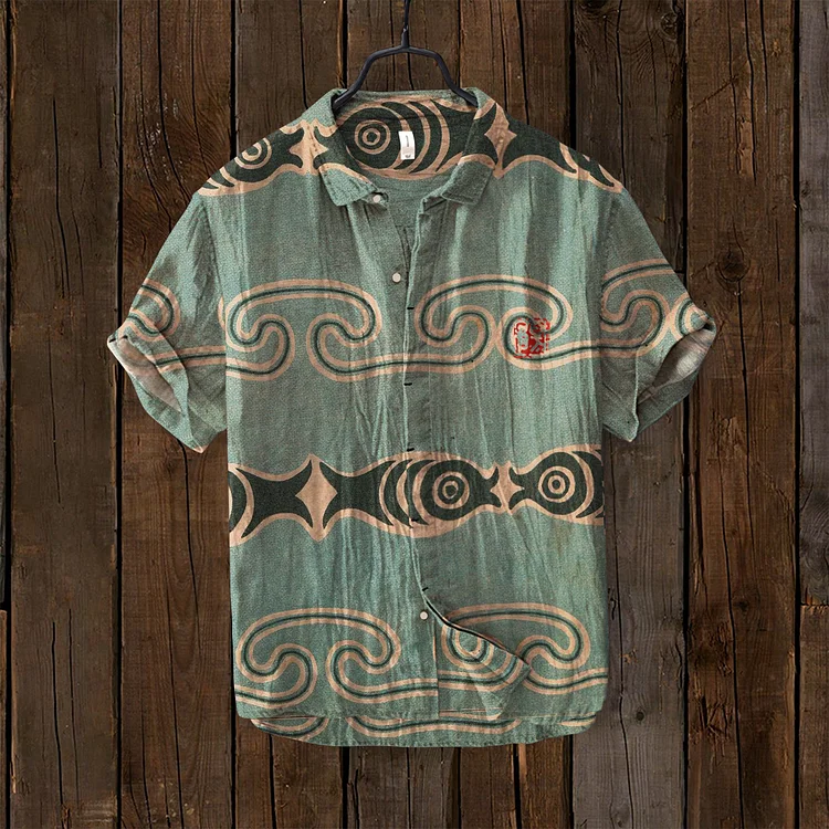 Vintage Japanese Art Koi And Waves Pattern Linen Blend Cozy Shirt