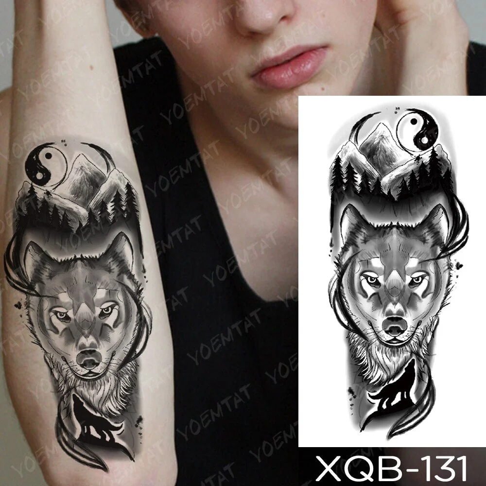 Waterproof Temporary Tattoo Sticker Wolf Tiger Compass Forest Tattoos Moon Bird Skull Body Art Arm Fake Sleeve Tatoo Women Men