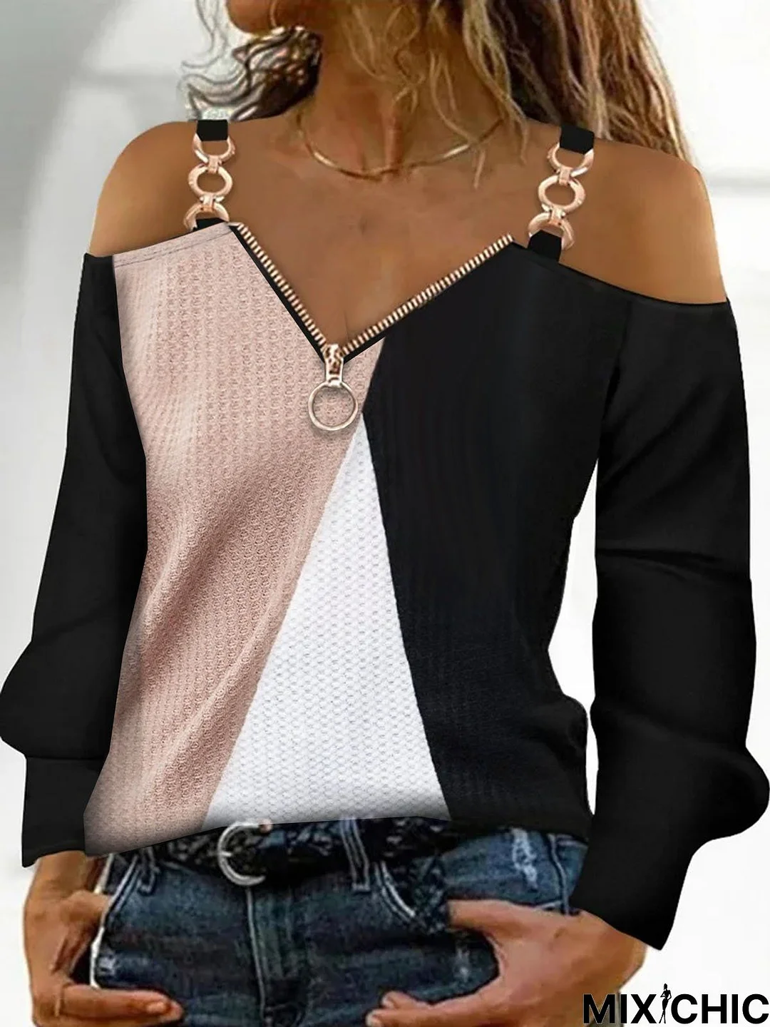 Casual V Neck Zipper Color Block Top