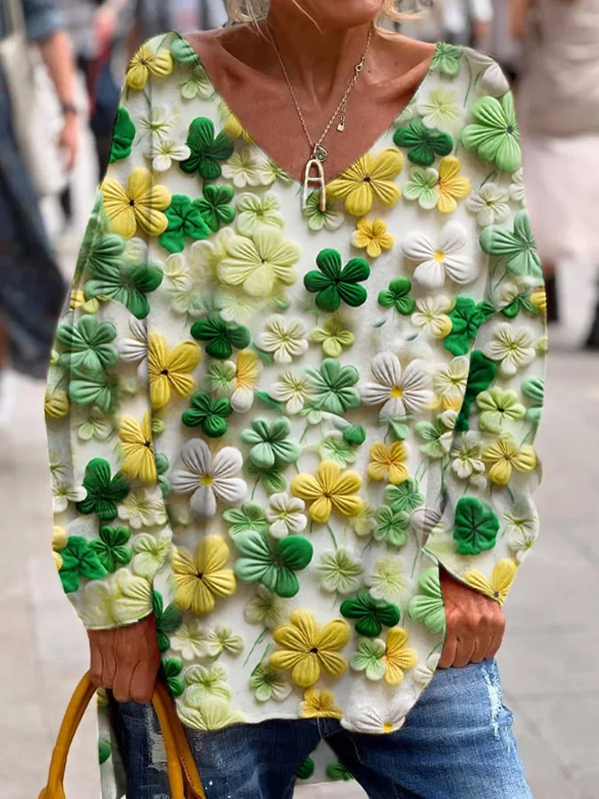 Women's St. Patrick's Clover Print V-Neck Long Sleeve Top