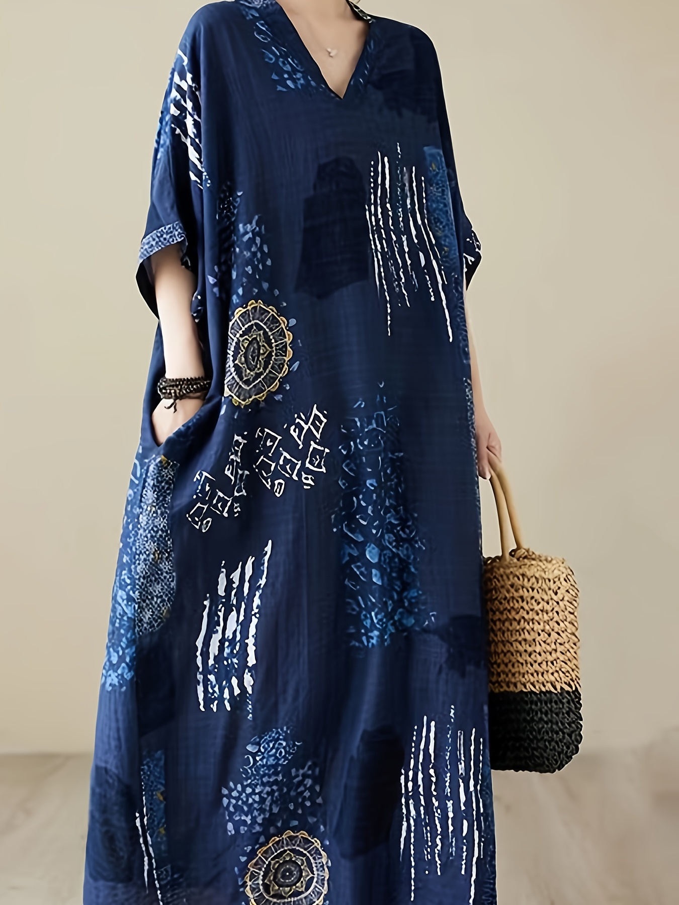 Stylish Plus Size Allover Print V Neck Batwing Sleeve Loose Fit Maxi Cover Up Kaftan Dress - Plus Size Cover Ups For Women - Comfortable Swimwear And Beachwear With Relaxed Fit And Flowy Design