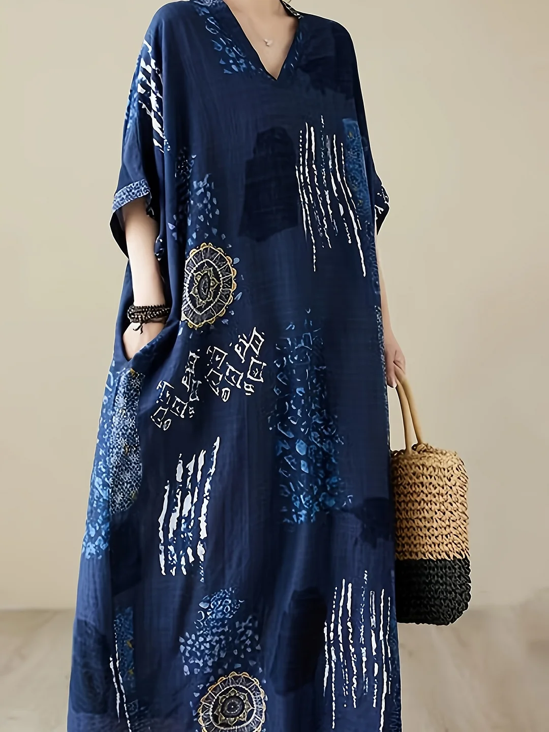 Stylish Plus Size Allover Print V Neck Batwing Sleeve Loose Fit Maxi Cover Up Kaftan Dress - Plus Size Cover Ups For Women - Comfortable Swimwear And Beachwear With Relaxed Fit And Flowy Design