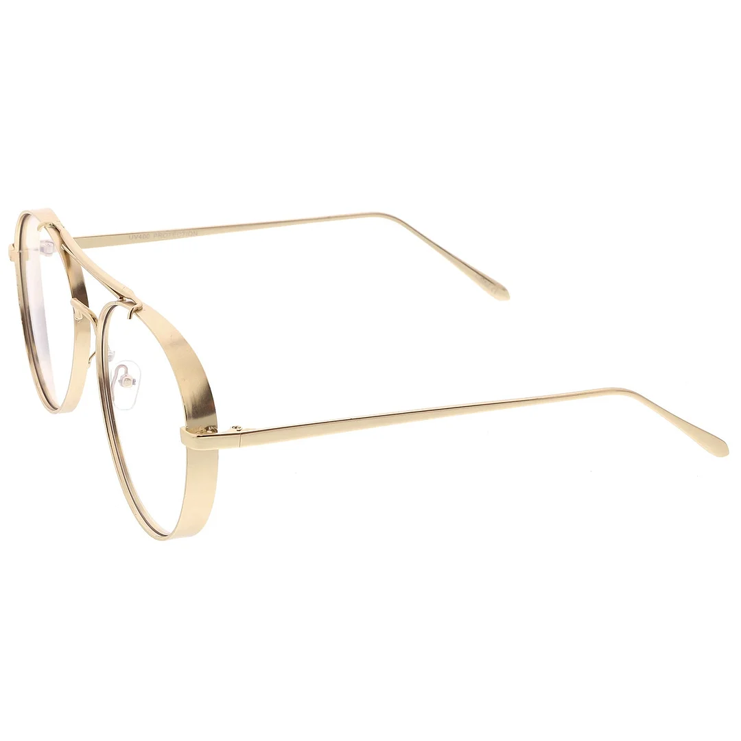 Oversize Metal Aviator Eyeglasses With Triple Crossbar Side Cover Clear Flat Lens 60mm