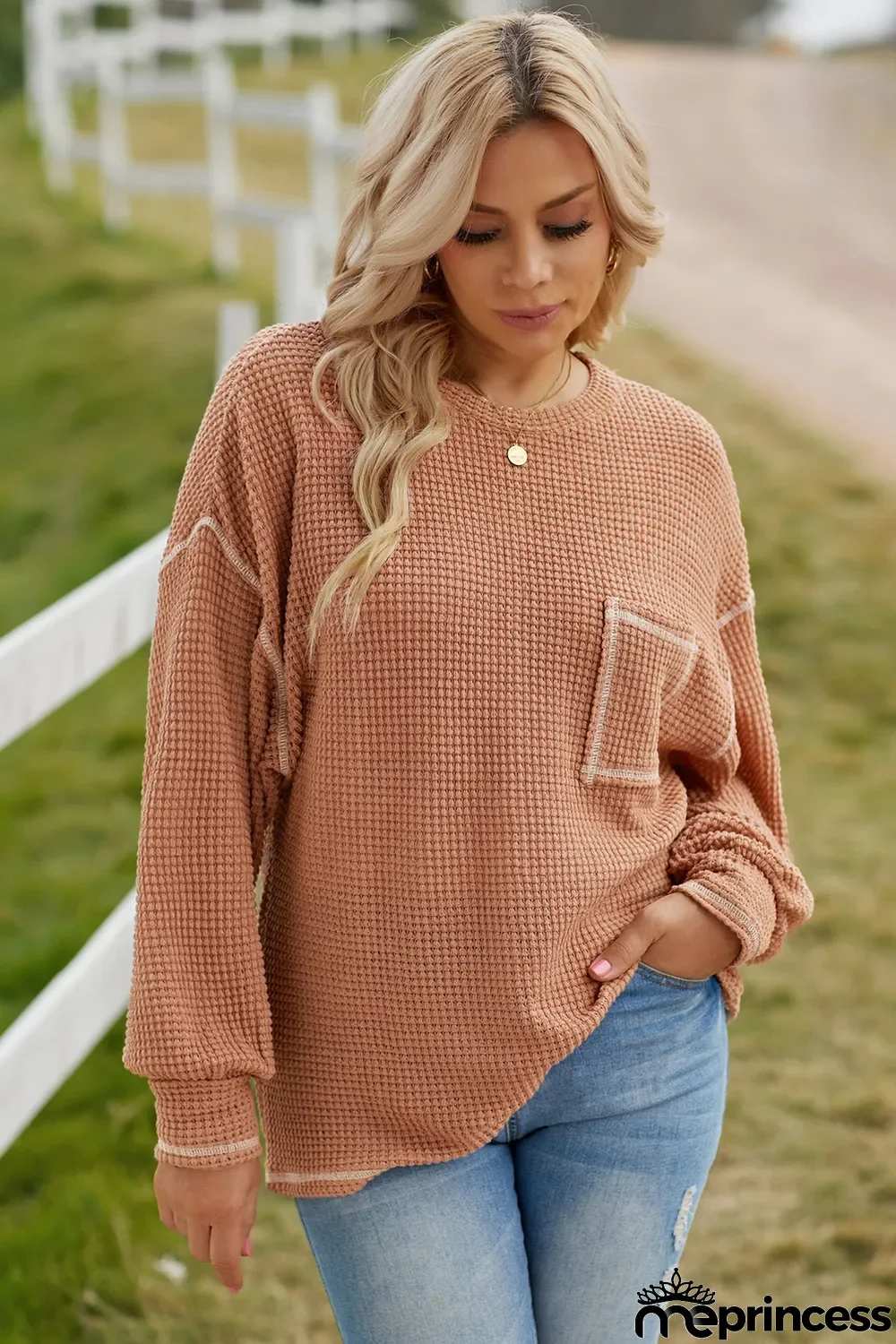 Grey Contrast Stitching Waffle Knit Top