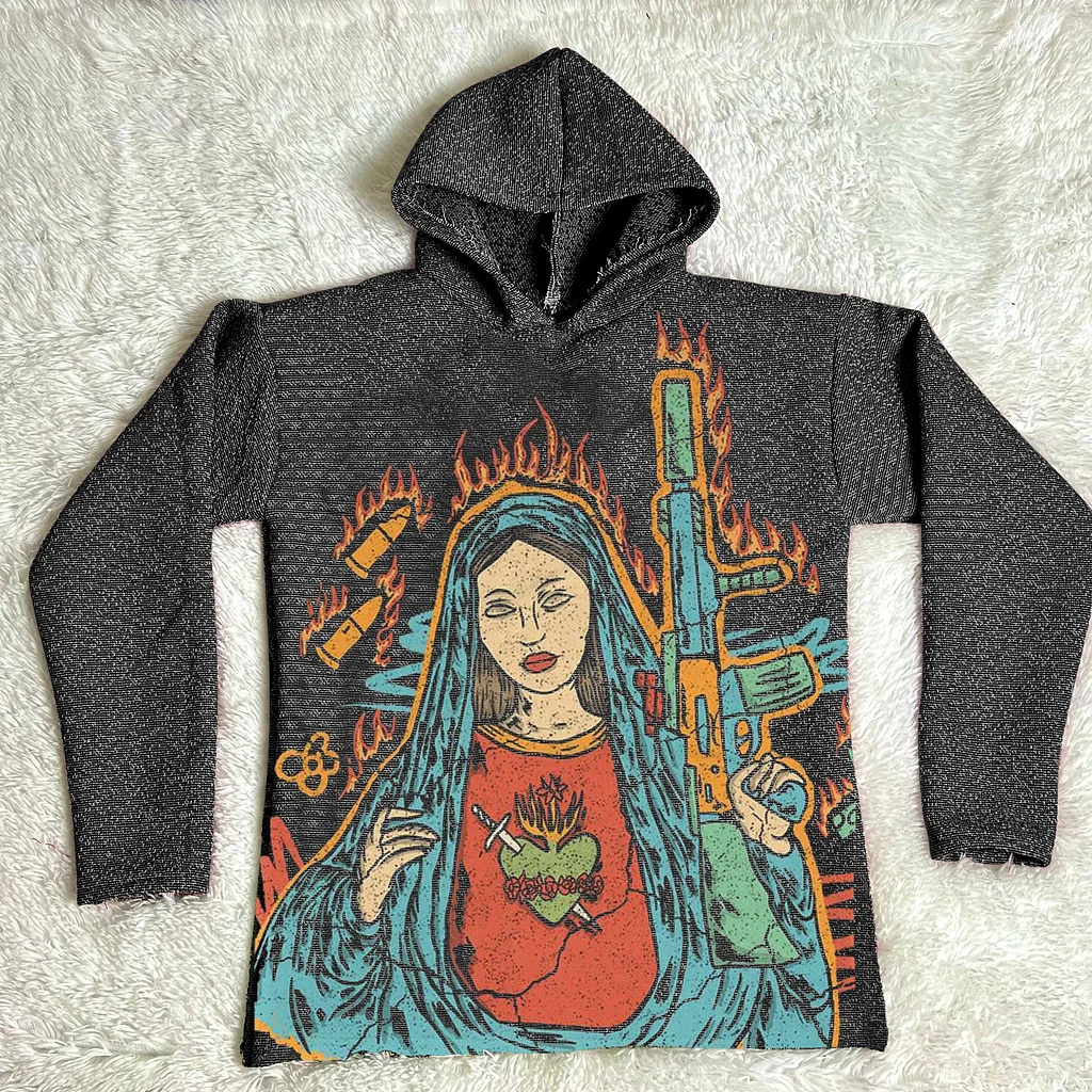 Retro Vintage  Faith Graphic Print Casual Street Tapestry Knit Hooded Sweater