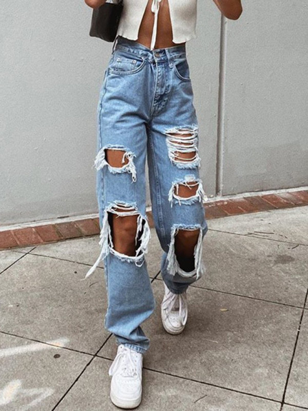 Mature Women Fashion Loose Ripped Straight Denim Trousers