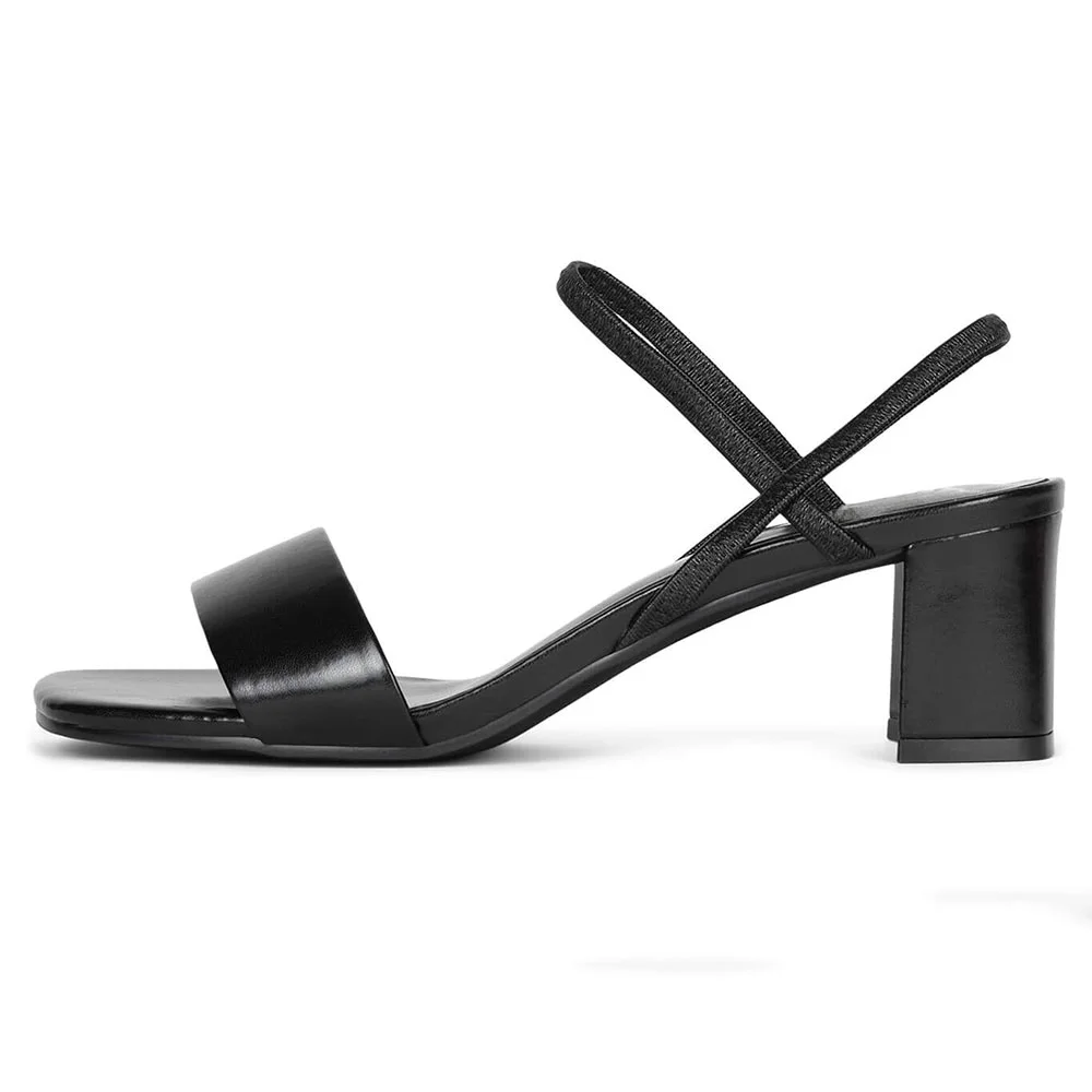 YDN Black Open Square Toe Slingback Simple Block Heel Sandals