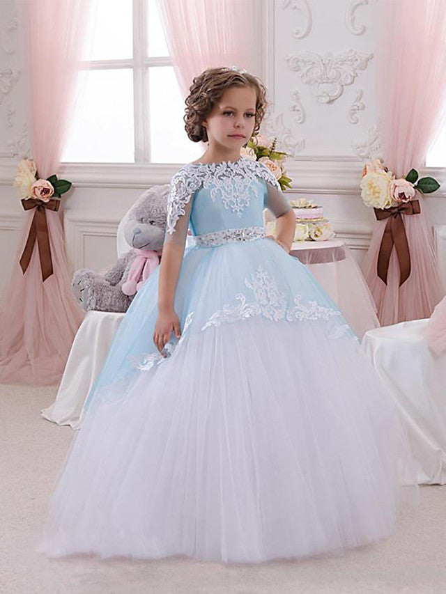 Oknass Short Sleeve Jewel Neck Flower Girl Dresses Lace Tulle With Lace  Appliques Crystals Rhinestones