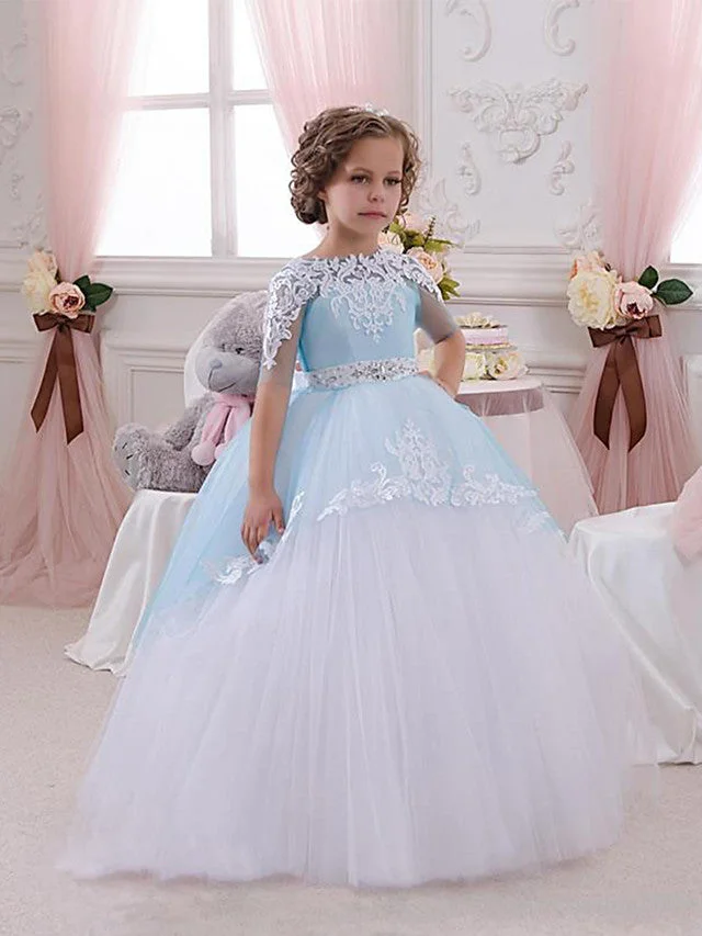 Daisda Short Sleeve Jewel Neck Flower Girl Dresses Lace Tulle With Lace  Appliques Crystals Rhinestones