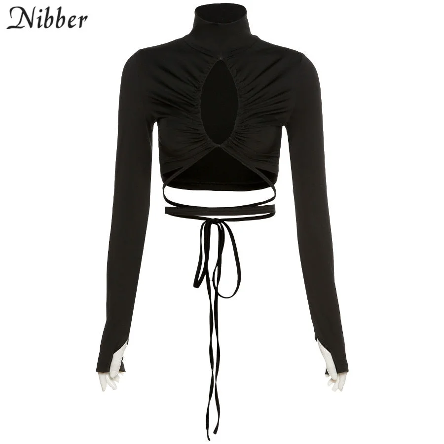 Nibber Stylish Minimalism Cut Out Hole Croped Crop Top Women Street Lace Up Casual Turtleneck Tshirt 2021Smooth Skinny Club Tees