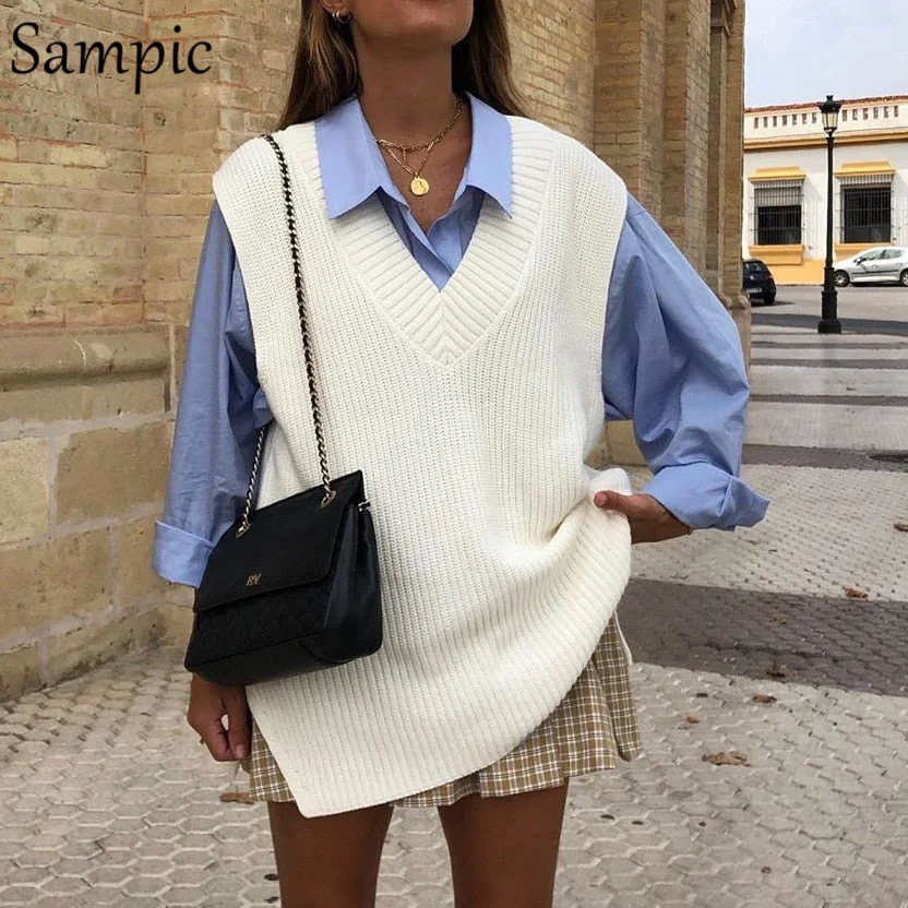 Sampic 2020 Winter Women Knitted V Neck Autumn Long Sweater Vest Sleeveless Off Shoulder White Korean Preppy Style Jumper Tops