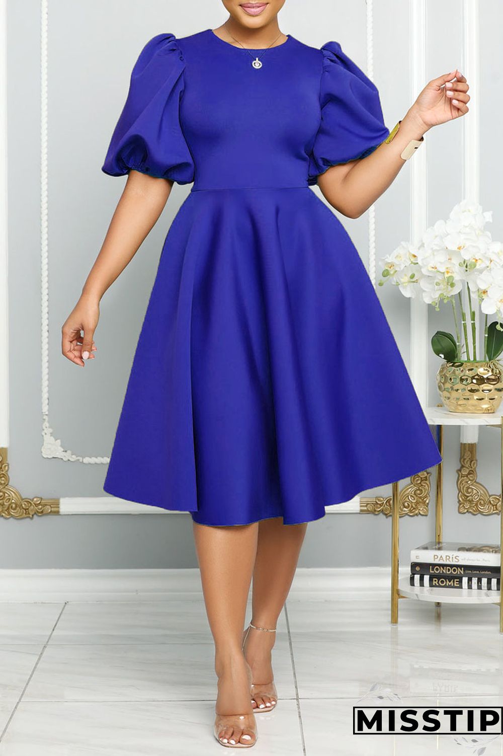 Blue Casual Solid Patchwork O Neck A Line Dresses