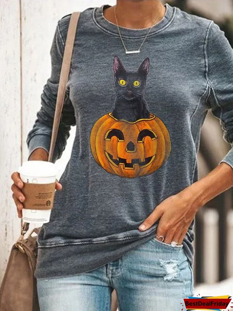 Women's Casual Halloween Cat Pumpkin Print Sweatshirt