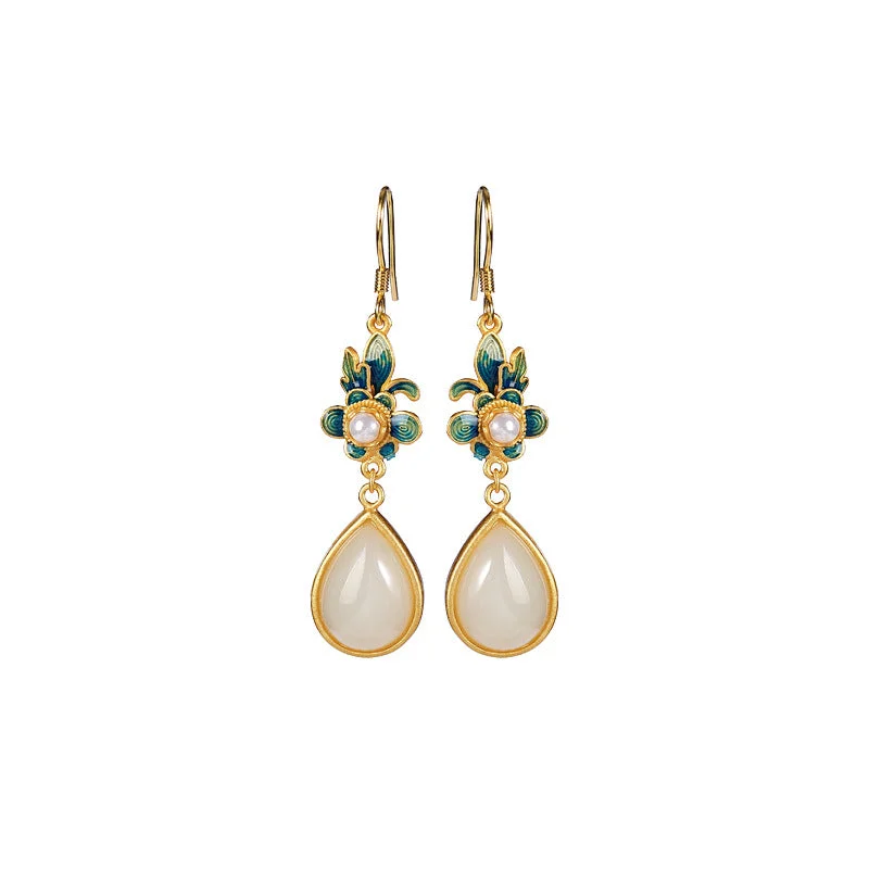 Fengshui Pearl White Jade Luck Drop Earrings
