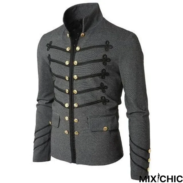 Men Gothic Vintage Fit Slim Coat Patchwork Button Outwear European Medieval Style Classic Jacket Steampunk Army Coat