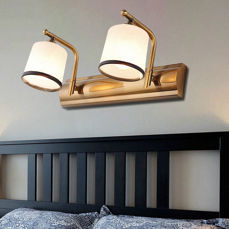 2/3 Bulbs Cylinder Wall Mounted Lighting Vintage Gold Finish Opal Blown Glass Vanity Wall Sconce