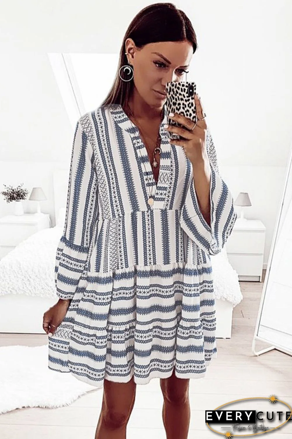 Sky Blue Geometric Print V neck Flare Half Sleeve Ruffle Swing Mini Dress
