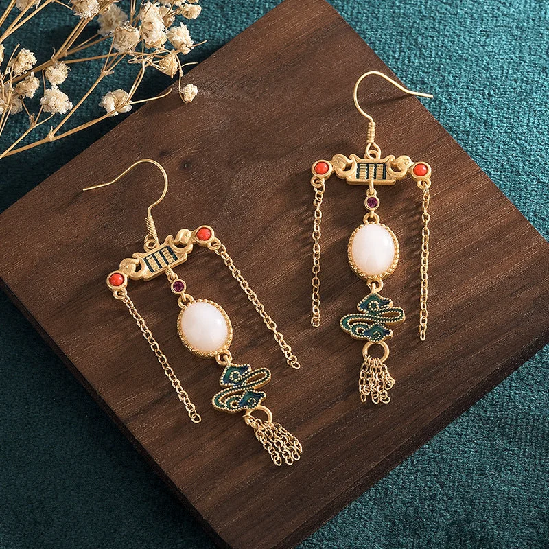 White Jade Chinese Style Tassel Drop Dangle Earrings