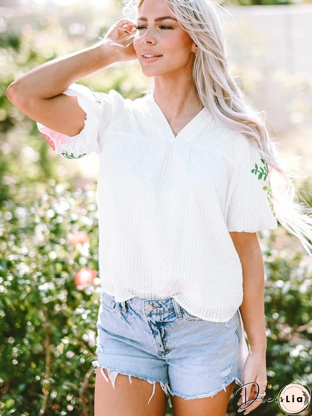 White Floral Embroidered Puff Sleeve V-Neck Mesh Detail Blouse