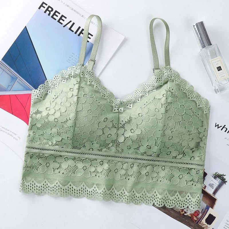 Meet'r Women Sexy Hollow Out Bralette Solid Color Beauty Back Lace Underwear Vest Female Add pad Wireless Bra Seamless Lingerie