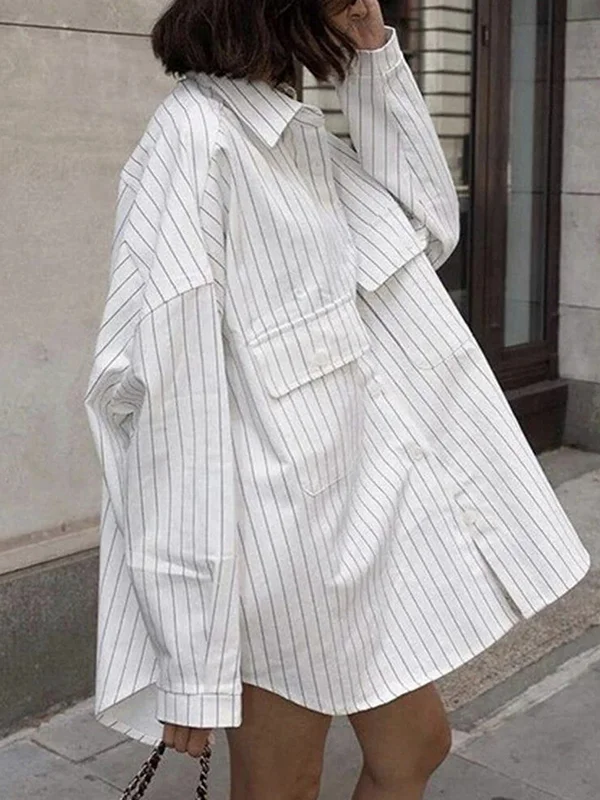 Buttoned Striped Long Sleeves Loose Lapel Blouses&Shirts Tops